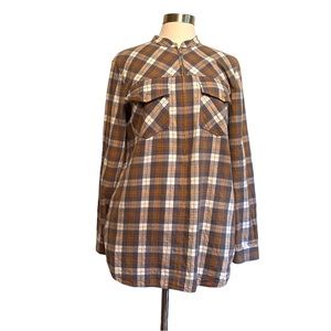 Madewell Sz L Ex-Boyfriend Flannel Top 1/4 Zip Plaid 100% Cotton Side Pockets